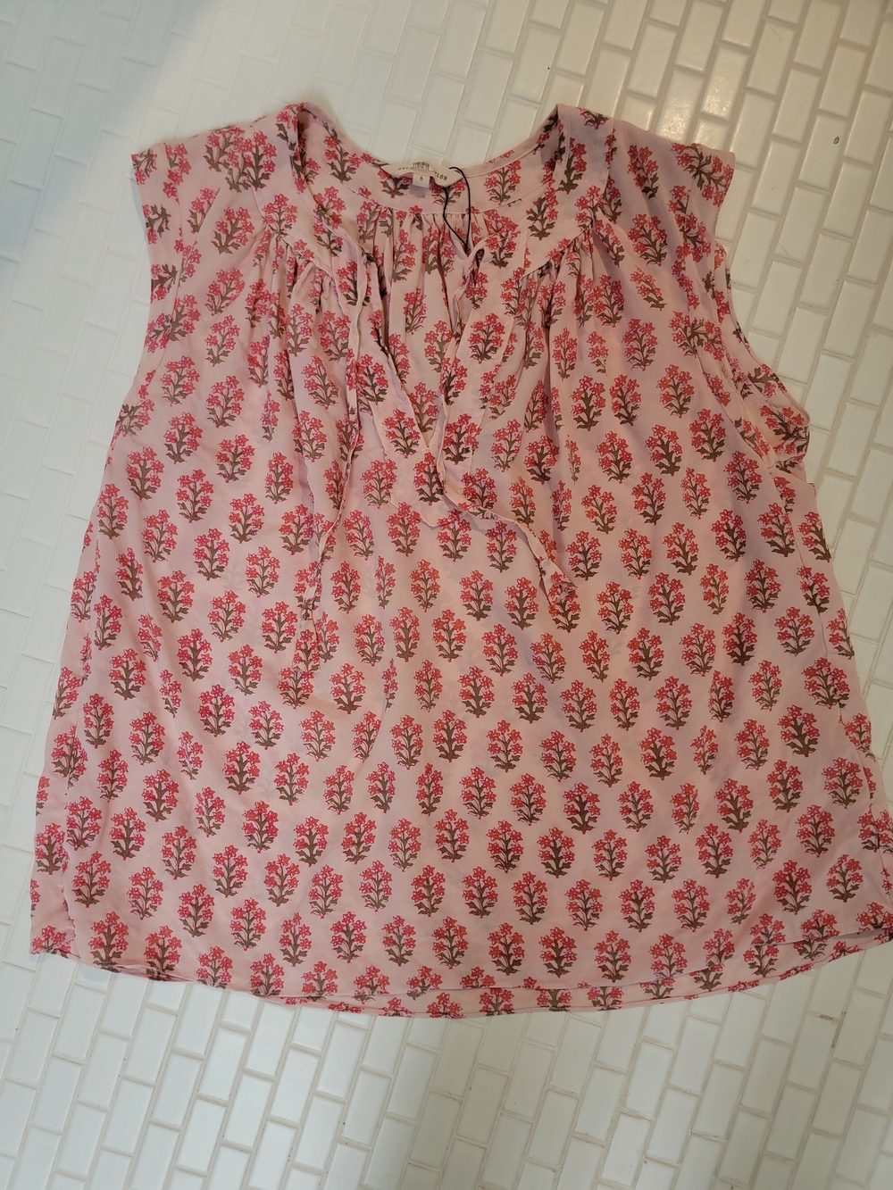 Rebecca Taylor Pink Floral Cap-Sleeve Split-Neck Blouse Size 6